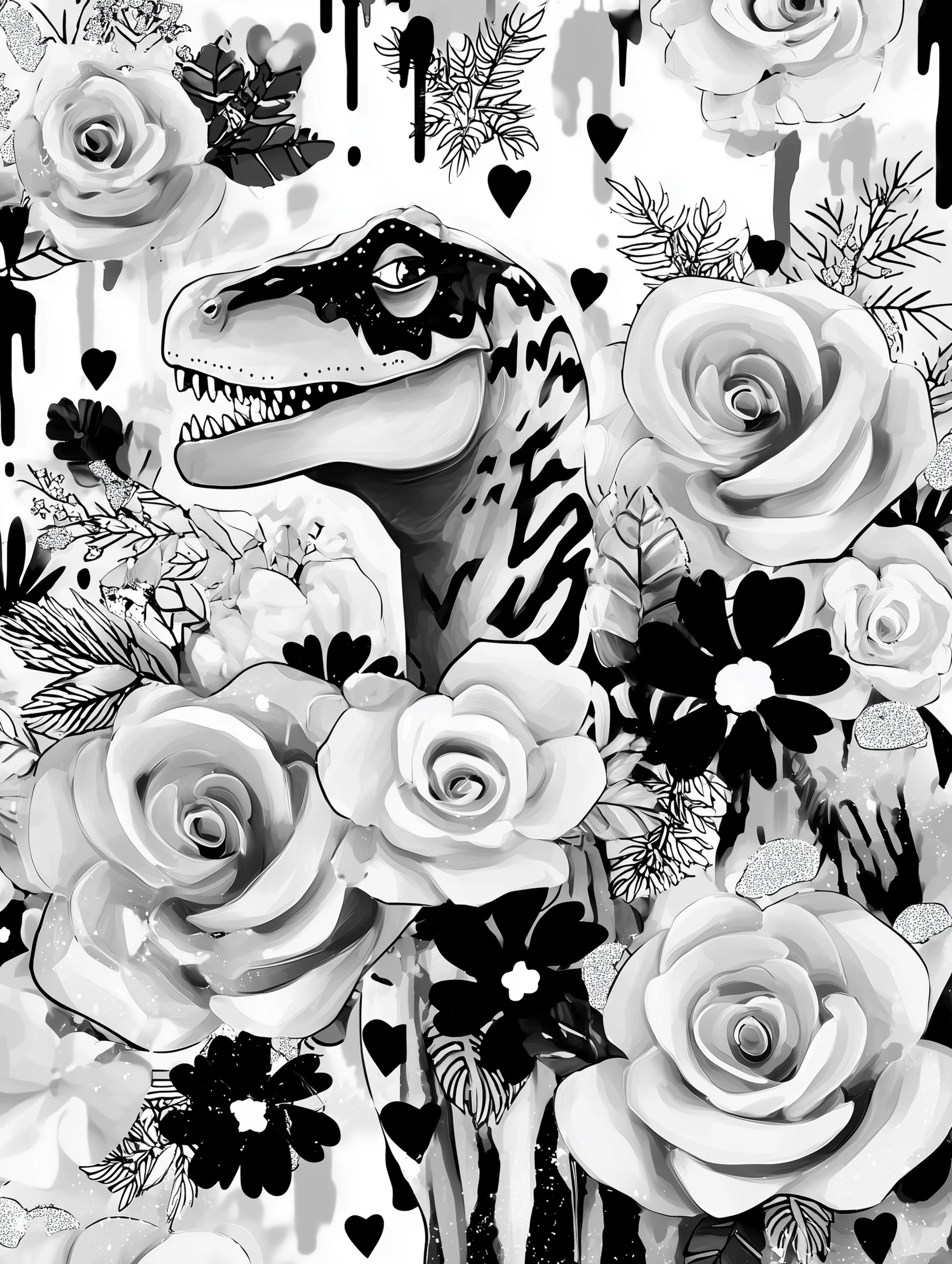 Free printable dinosaur coloring page for adults featuring a dinosaur with big flowers